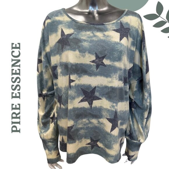Pure Essence Tie-Dye Star Print Long Sleeve Top Grey Blue Yellow Size XL - Picture 1 of 6